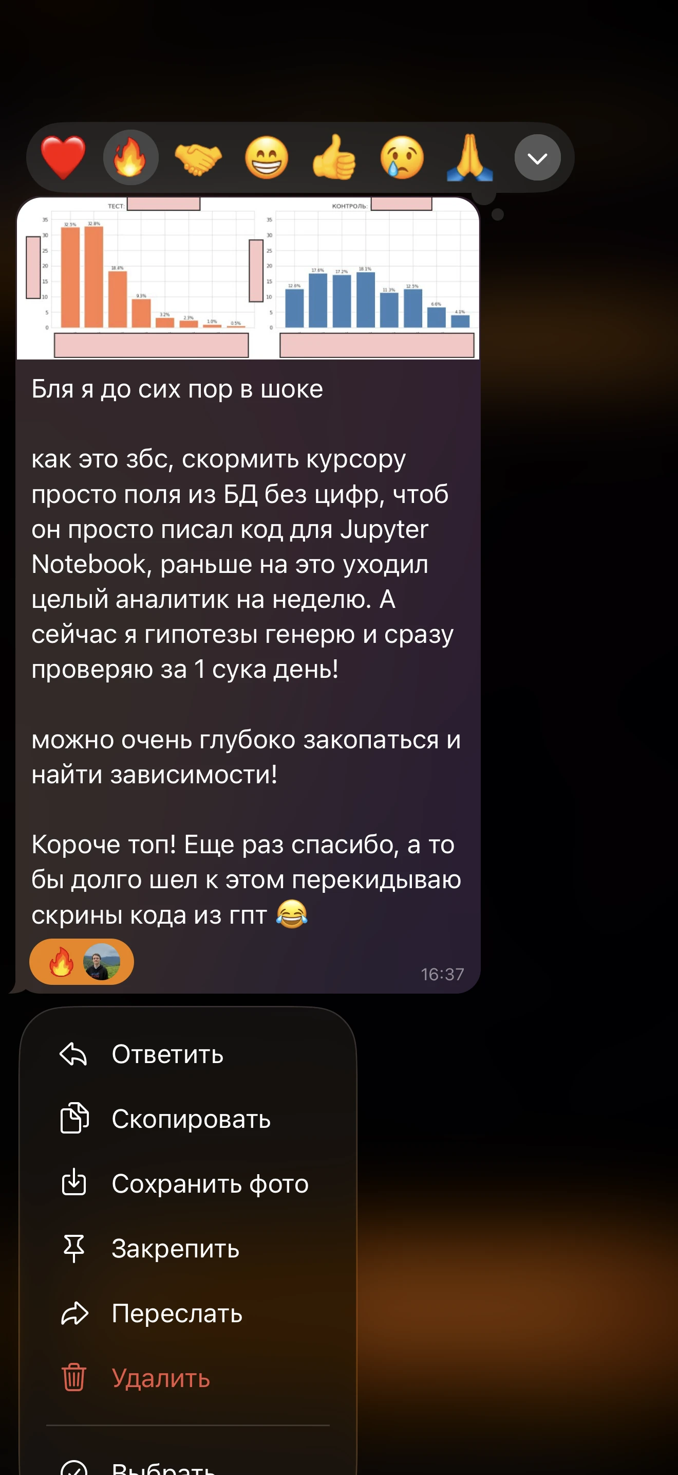 Скриншот переписки с учеником: инструмент для аналитика и генерации кода для Jupyter Notebook