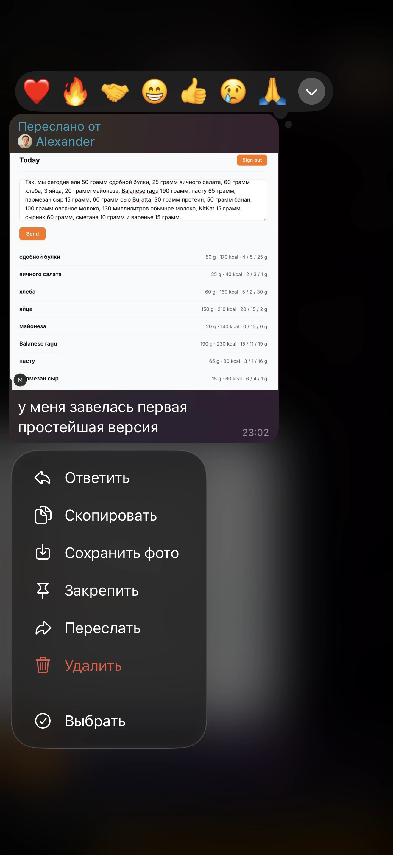 Скриншот переписки с учеником: первая версия фудтрекера калорий