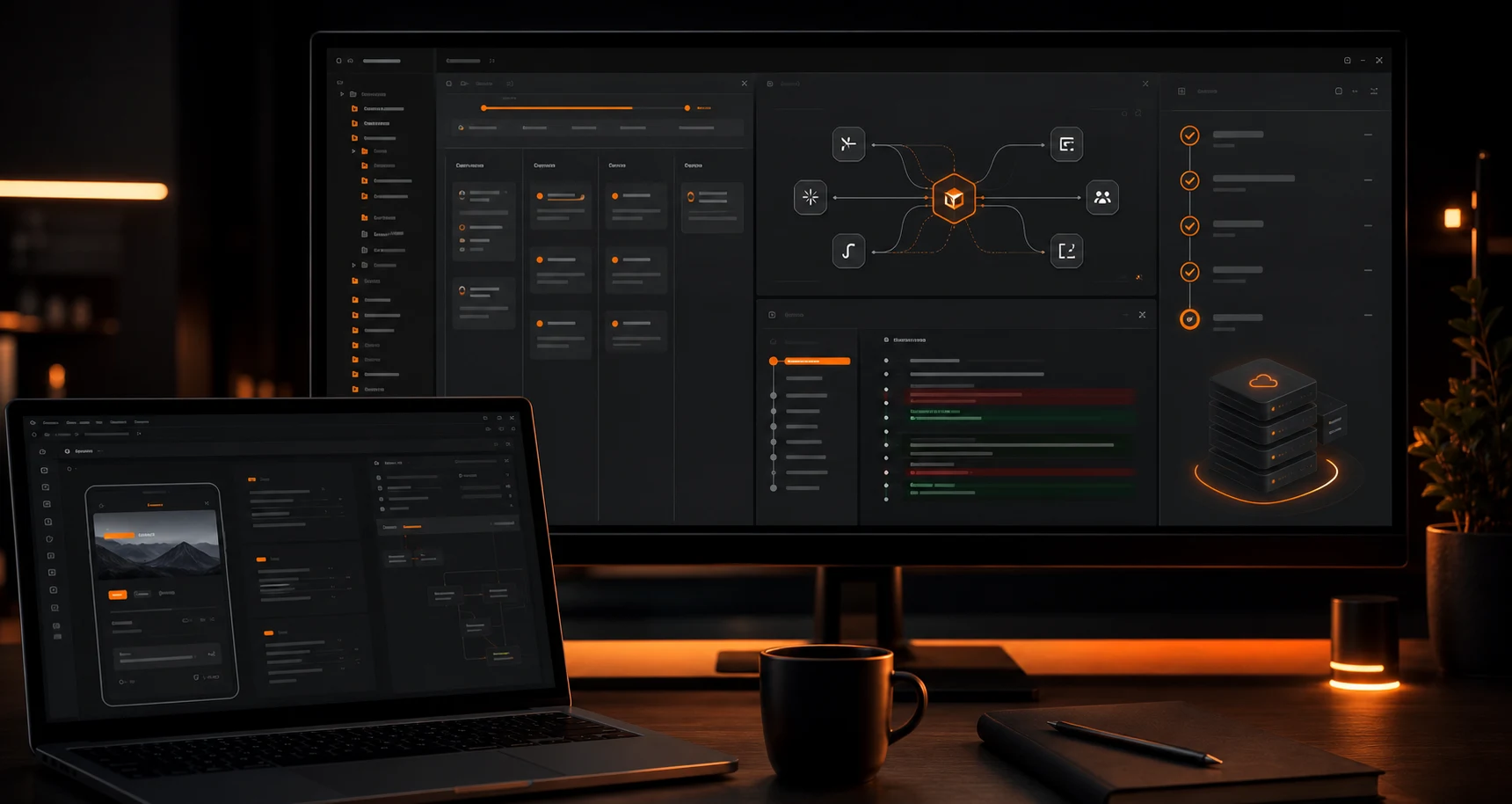 Темный интерфейс проекта с планированием, документацией, Git и деплоем